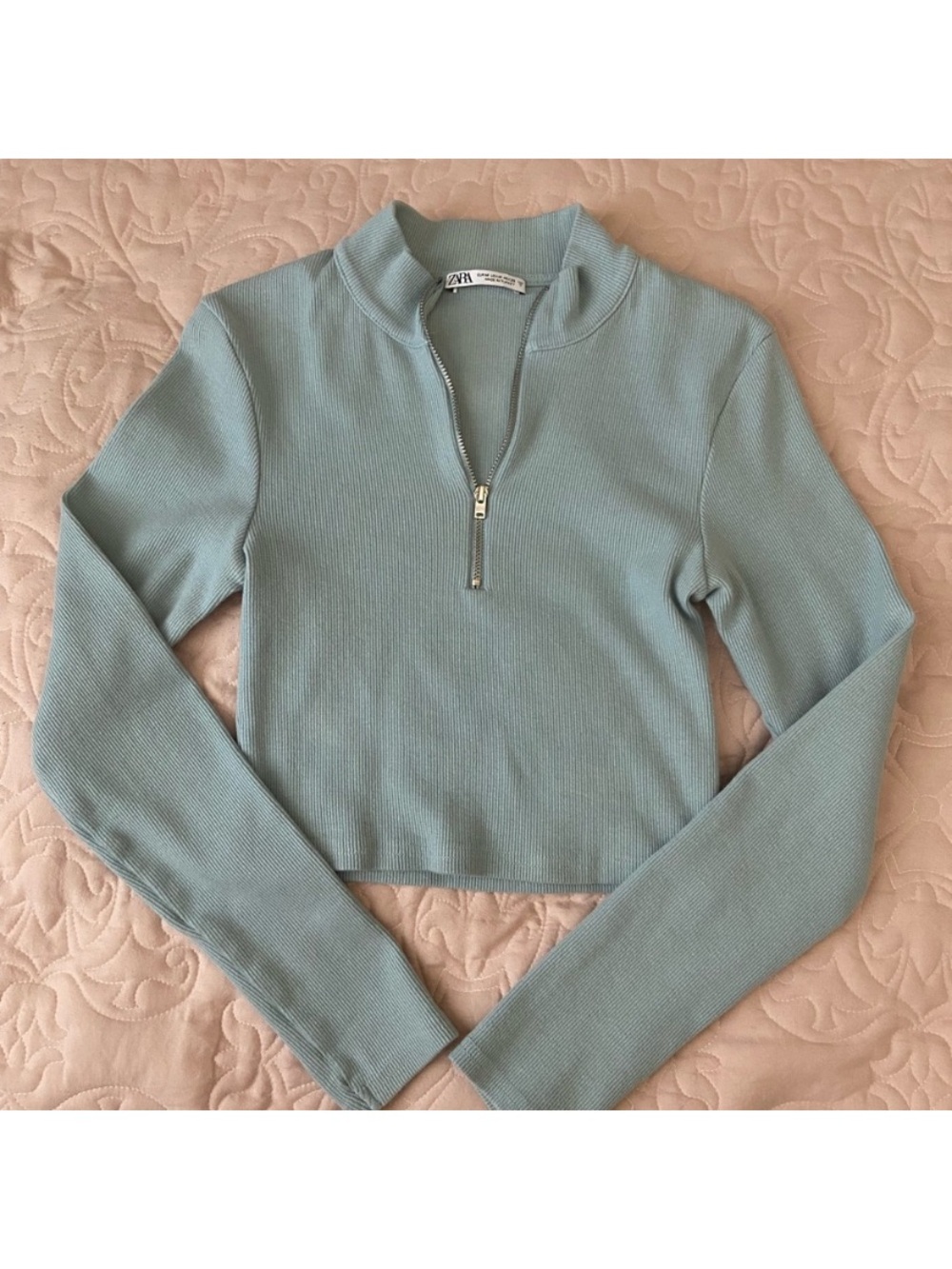 ZARA Blue Knit Long Sleeve Half Zip Mock Neck Ribbed Crop Top Shirt Size XS